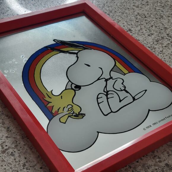 VTG Snoopy Woodstock Kissing Rainbow Cloud Mirror Red Framed Peanuts 1958 1965 - Picture 14 of 15